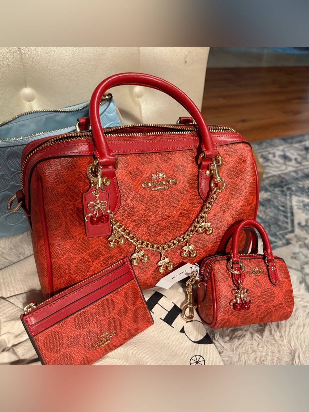 Coach medium Rowan in crimson with matching card case red cherrys only included